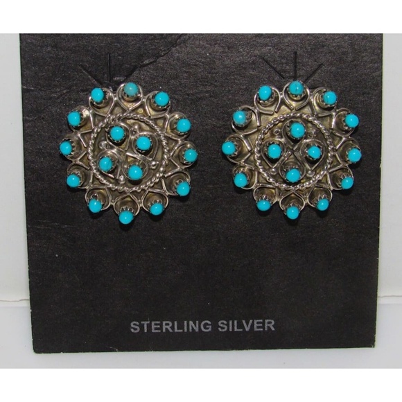 Zuni Snake Eye Turquoise Post Stud Earrings Sterling Silver Native American - Picture 2 of 4